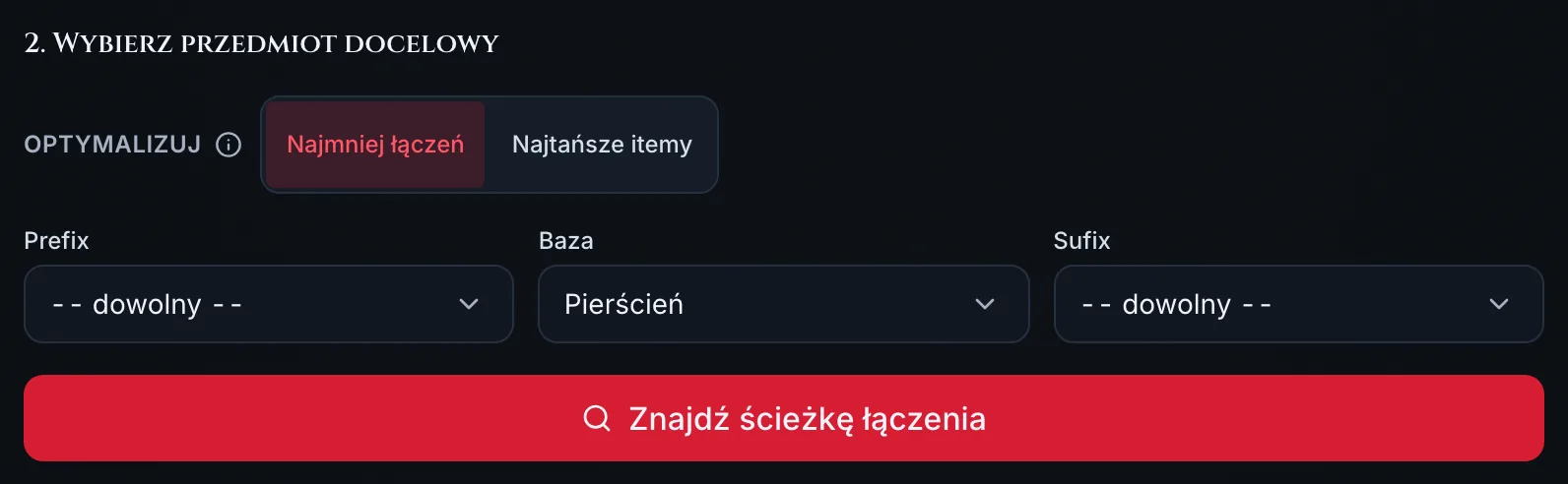 Krok 2 spawarki: przełącznik Optymalizuj z trybami Najmniej łączeń i Najtańsze itemy, listy Prefix, Baza i Sufix oraz przycisk Znajdź ścieżkę łączenia.