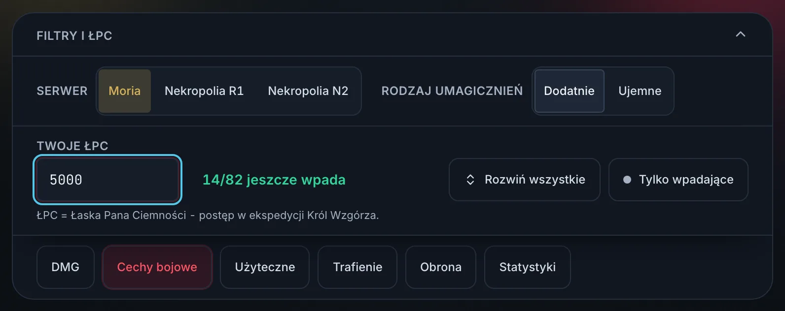Panel Filtry i ŁPC: przełącznik serwera Moria / Nekropolia R1 / Nekropolia N2, przełącznik Dodatnie / Ujemne, pole Twoje ŁPC z wpisanym 5000, licznik 14/82 jeszcze wpada oraz pasek kategorii DMG, Cechy bojowe, Użyteczne, Trafienie, Obrona, Statystyki.