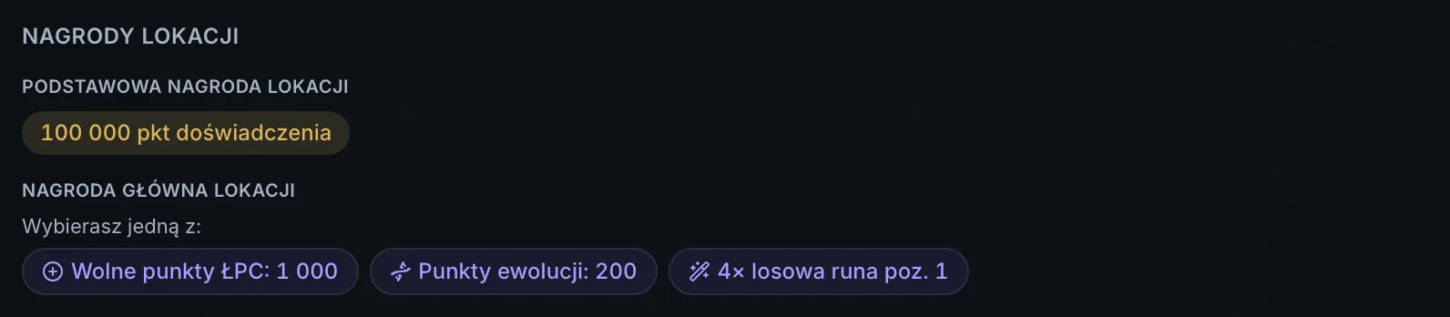 Sekcja Nagrody lokacji dla Skarbca: podstawowa nagroda 100 000 pkt doświadczenia, a obok trzy opcje nagrody głównej do wyboru - wolne punkty ŁPC, punkty ewolucji albo losowe runy poziomu 1.