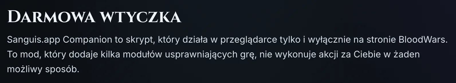 Nagłówek sekcji Darmowa wtyczka na stronie głównej z opisem: Companion to skrypt działający w przeglądarce wyłącznie na stronie BloodWars, dodaje moduły usprawniające grę i nie wykonuje akcji za gracza.